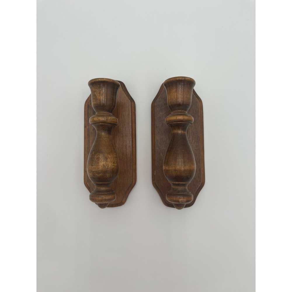 Vintage Wooden Wall Candle Holders Set of 2 Turned Wood Sconces Rustic Farmhouse